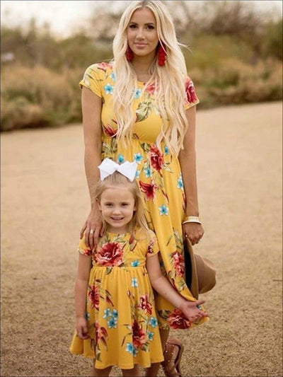 Mommy & Me Matching Floral Print Bohemian Dress - Yellow / Mom S - Mommy & Me