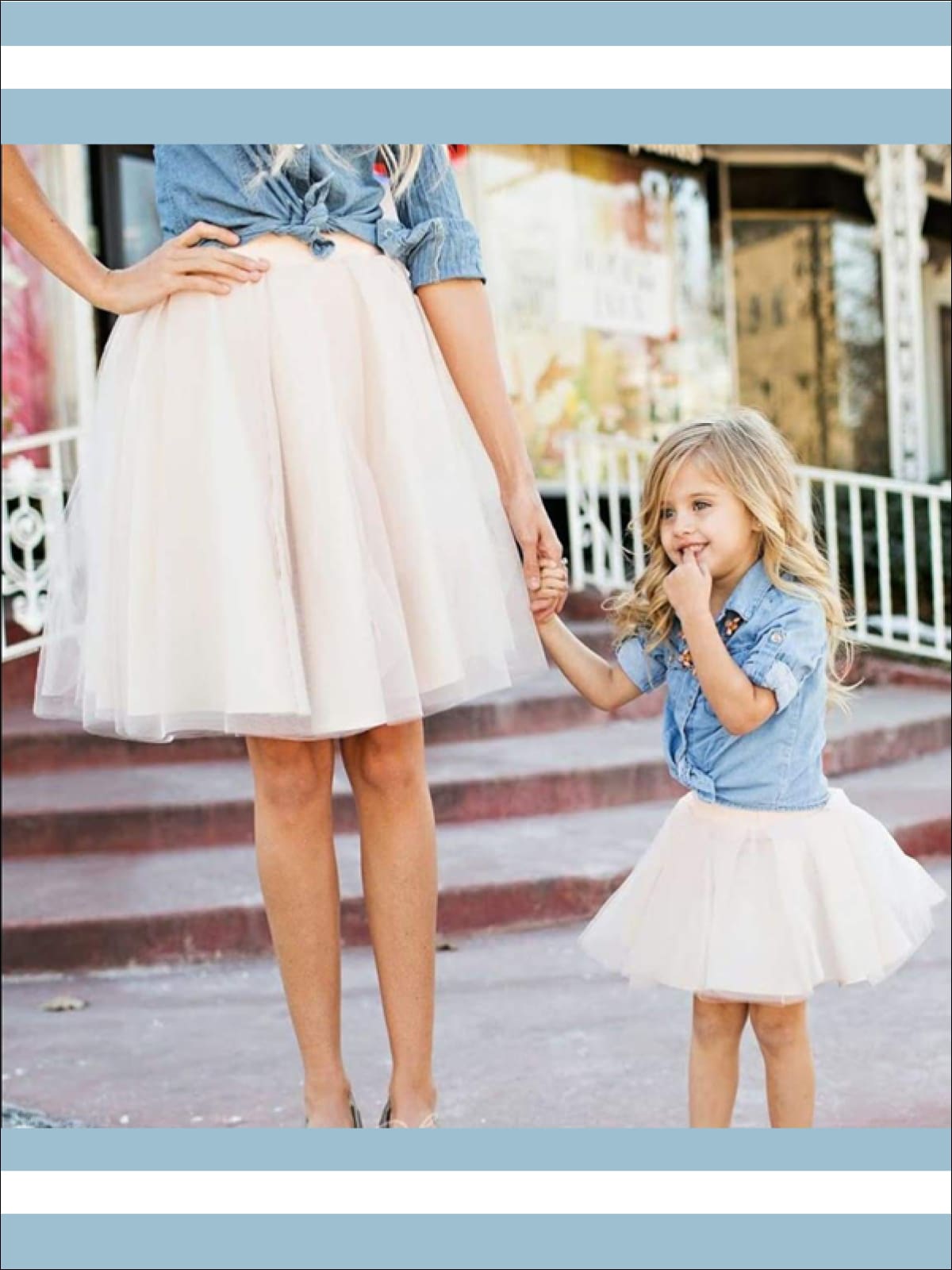 Mommy & Me Matching Long Sleeve Denim Tutu Skirt Set - Mommy and Me