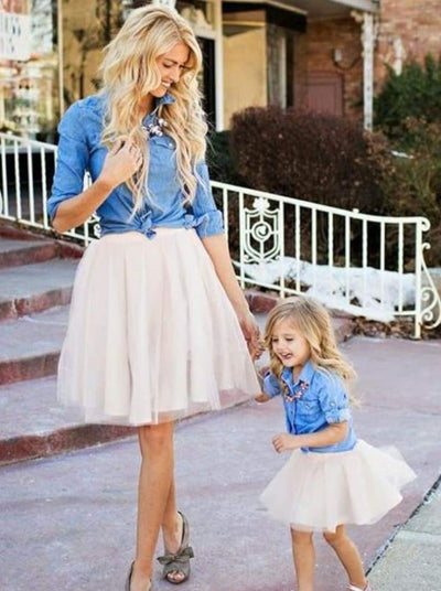 Mommy & Me Matching Long Sleeve Denim Tutu Skirt Set - Denim / Small - Mommy and Me