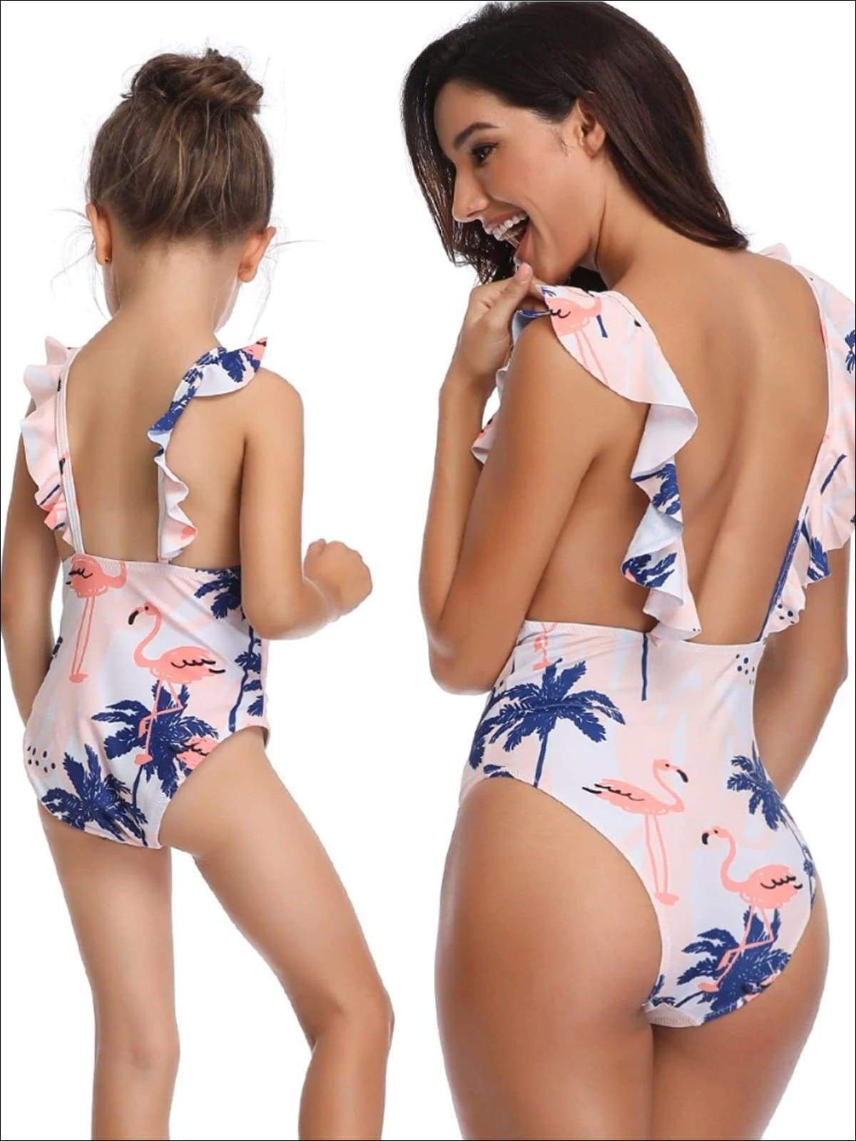 Mommy & Me Matching Palm Tree & Flamingo Print Flutter Sleeve One Piece Swimsuit - Mommy & Me Swimsuit