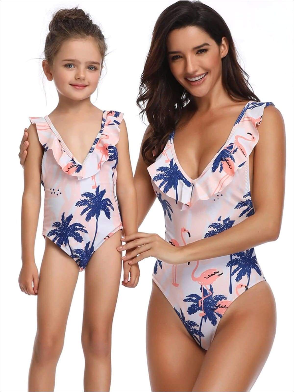 Mommy & Me Matching Palm Tree & Flamingo Print Flutter Sleeve One Piece Swimsuit - Mommy & Me Swimsuit