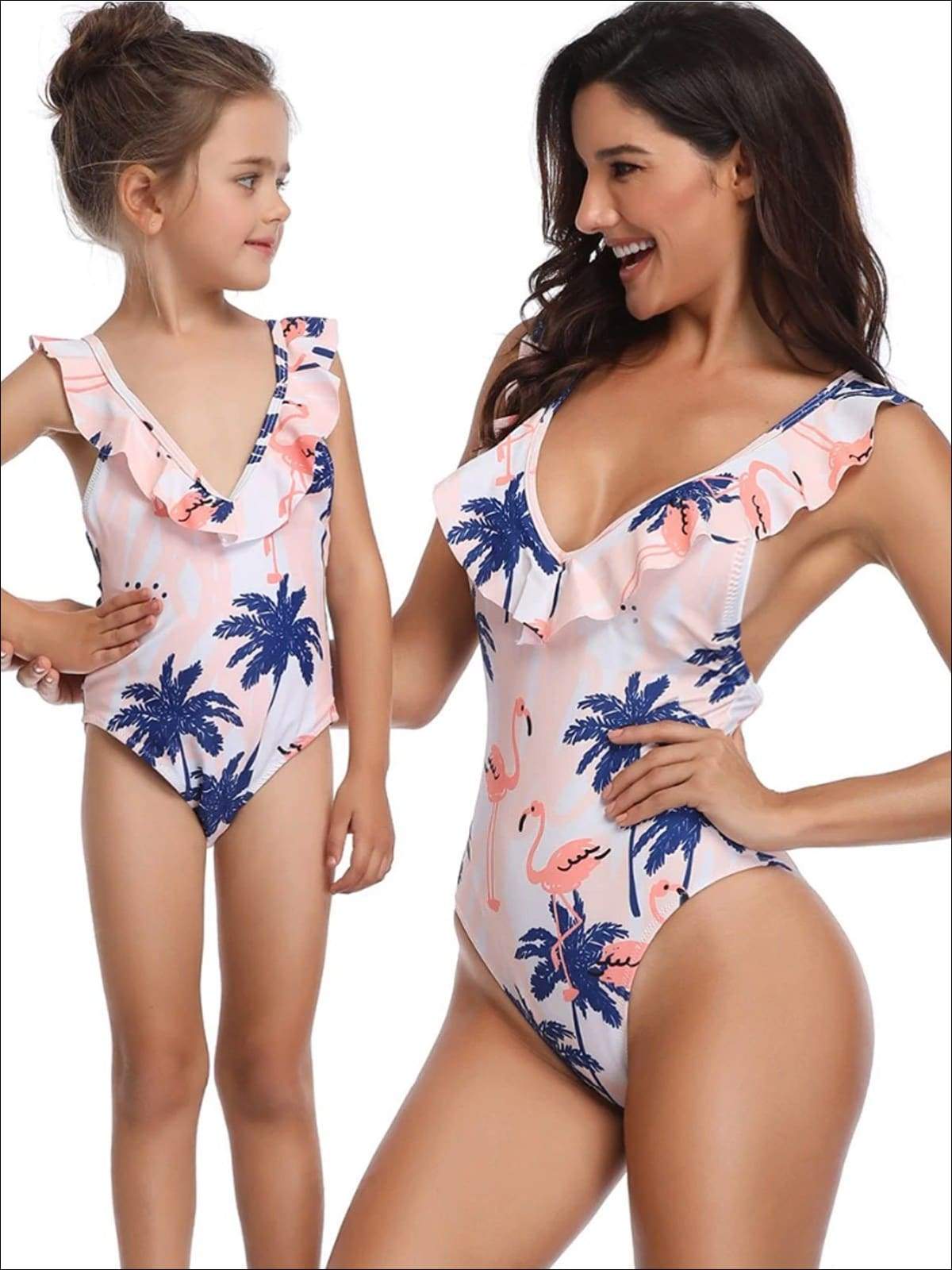 Mommy & Me Matching Palm Tree & Flamingo Print Flutter Sleeve One Piece Swimsuit - White / Mom S - Mommy & Me Swimsuit