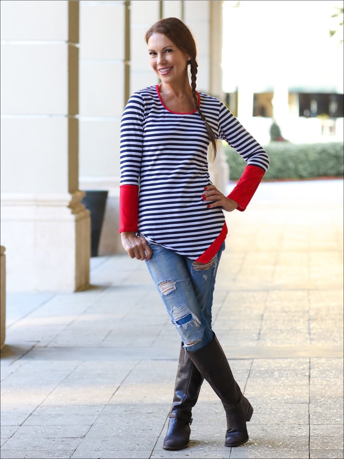 Mommy & Me Matching Tops | Asymmetric Striped Red Trim Tunic