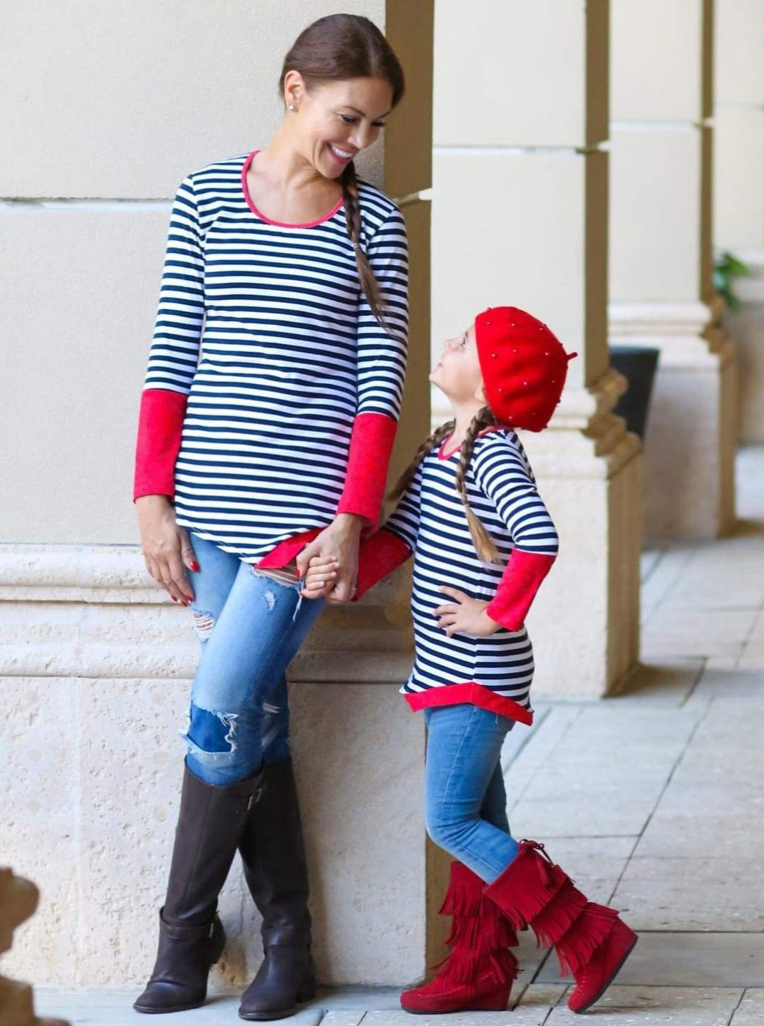 Mommy & Me Matching Tops | Asymmetric Striped Red Trim Tunic