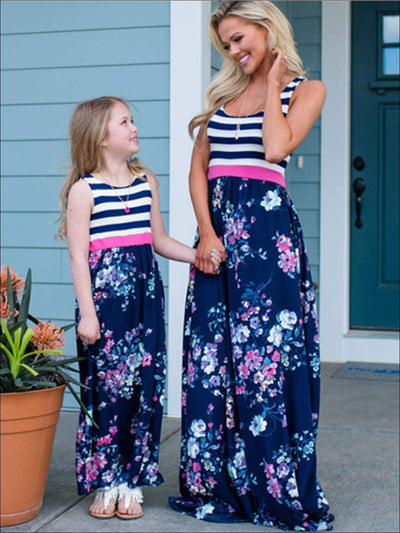Mommy & Me Navy Striped Floral Print Sleeveless Maxi Dress - Navy / Mom S - Mommy & Me Spring Casual Dress