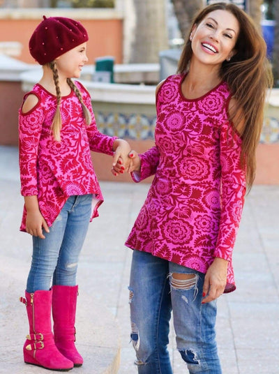 Mommy & Me Pink & Wine Matching Cold Shoulder Striped Hi-Lo Elbow Patch Heart Applique Tunic - Mommy & Me Fall Tunic