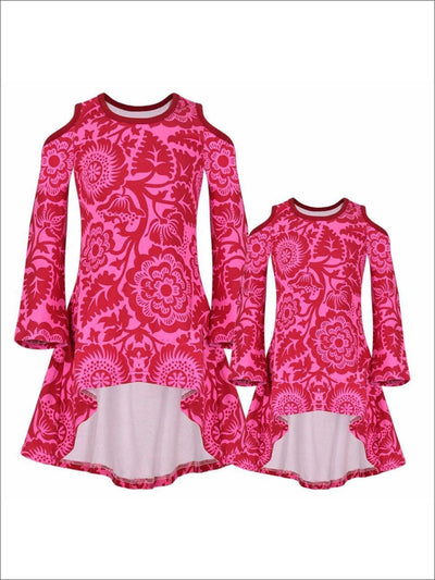 Mommy & Me Pink & Wine Matching Cold Shoulder Striped Hi-Lo Elbow Patch Heart Applique Tunic - Pink/Wine / 2T-3T - Mommy & Me Fall Tunic