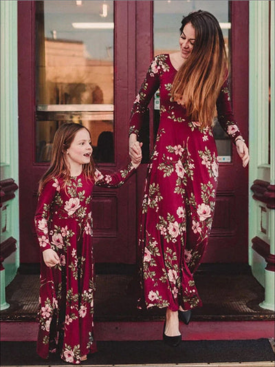 Mommy & Me Red Fall Floral Long Sleeve Maxi Dress - Red / Mom S - Fall Mommy & Me