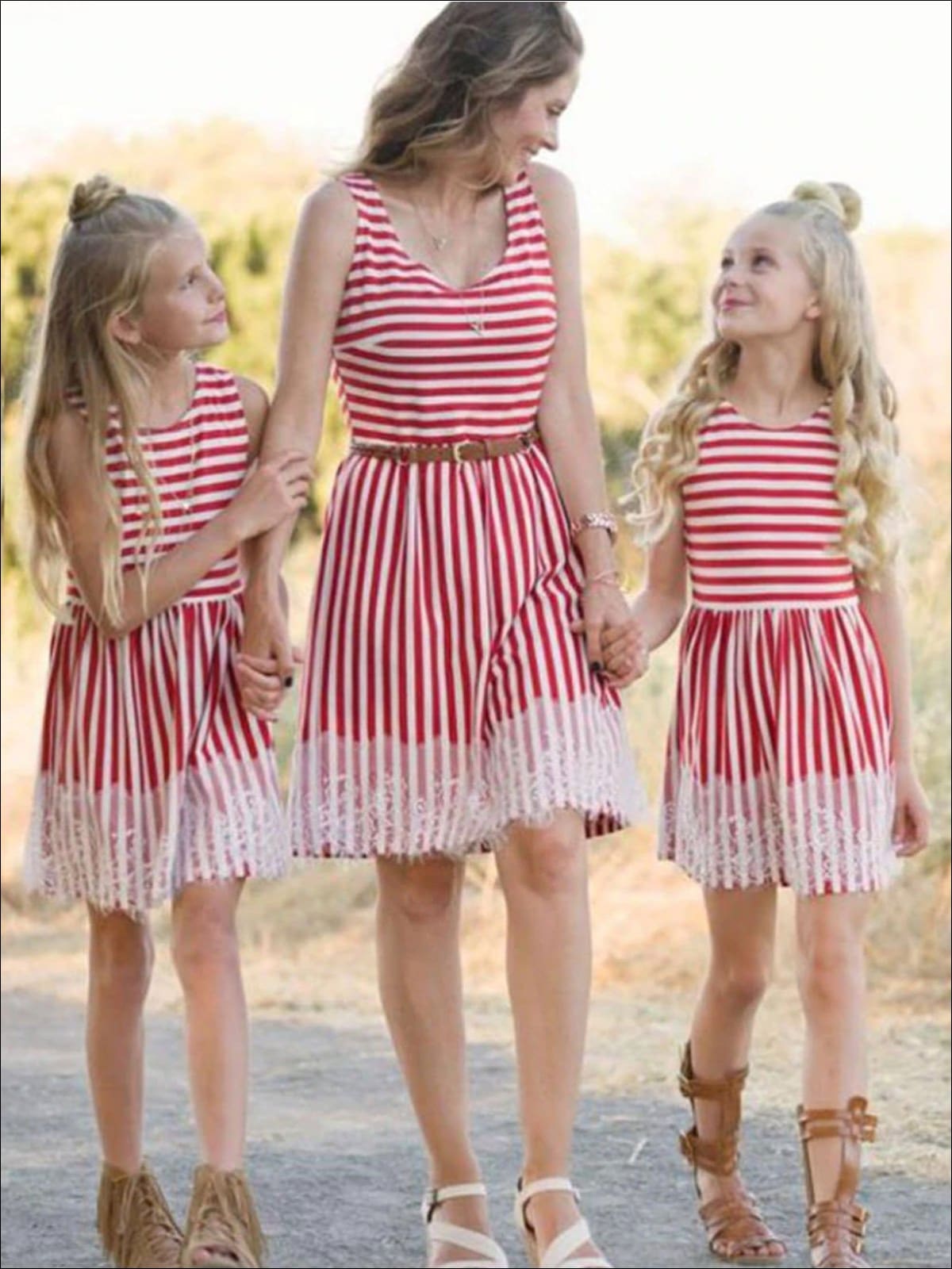 Mommy & Me Red Striped with Lace Applique Sleeveless Dress - Red / Mom S - Mommy & Me Spring Casual Dress
