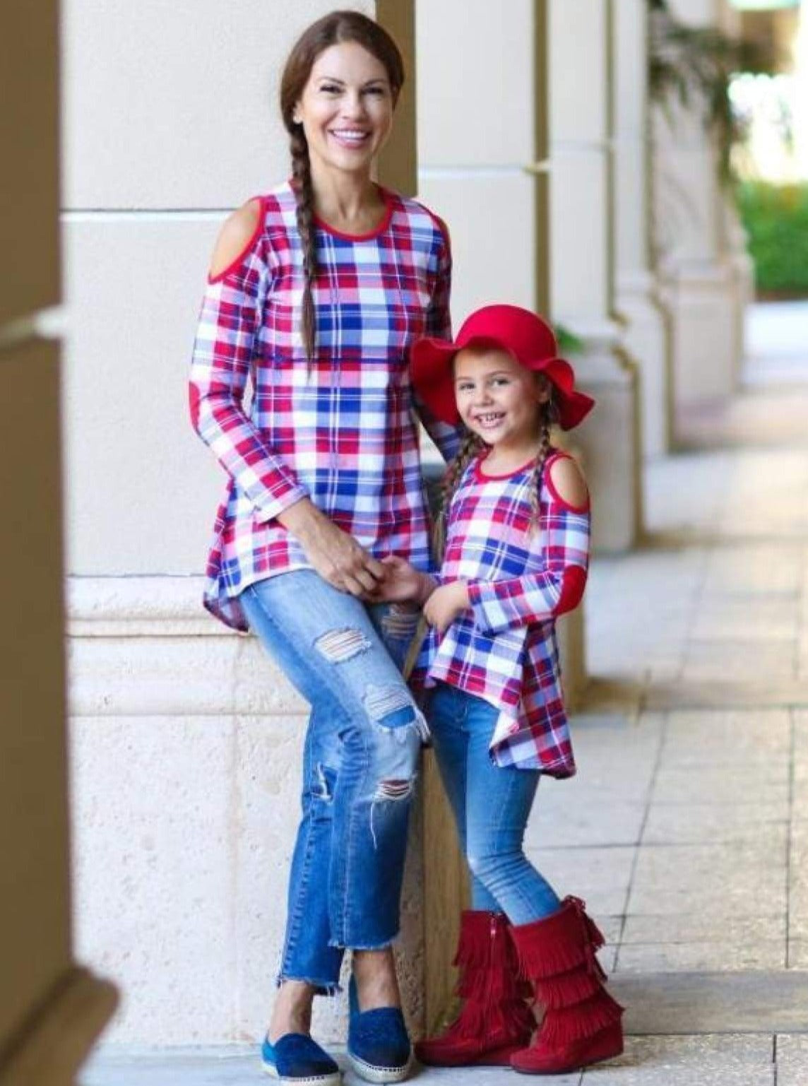 Mommy & Me Royal & Red Plaid Cold Shoulder Striped Hi-Lo Elbow Patch Tunic - Mommy & Me Fall Tunic