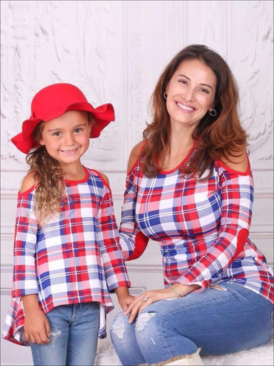 Mommy & Me Royal & Red Plaid Cold Shoulder Striped Hi-Lo Elbow Patch Tunic - Mommy & Me Fall Tunic