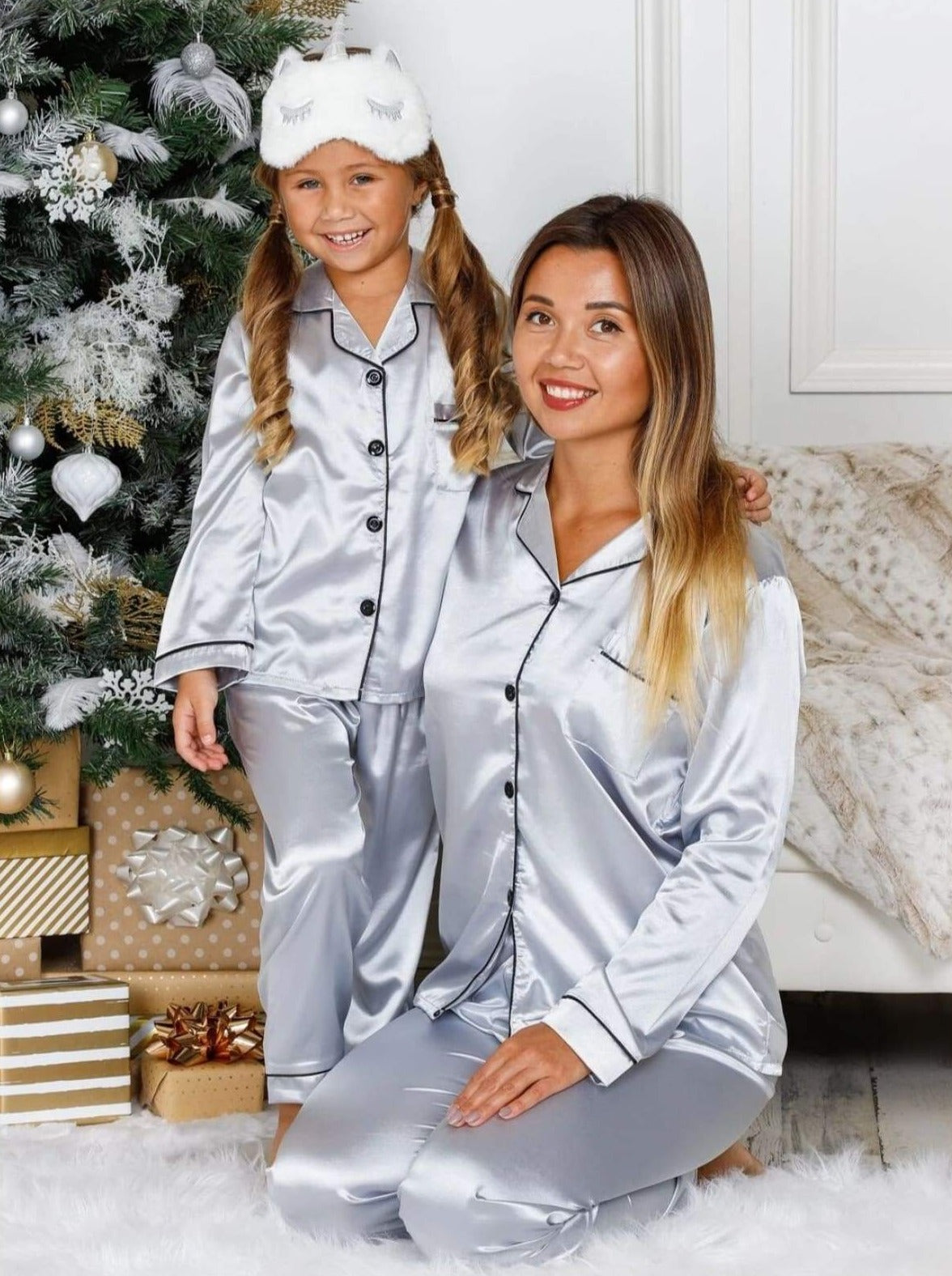 Mommy & Me Silky Long Sleeve Pajamas (Navy Pink Silver) - Silver / 12Y/14Y - Mommy & Me Pajama