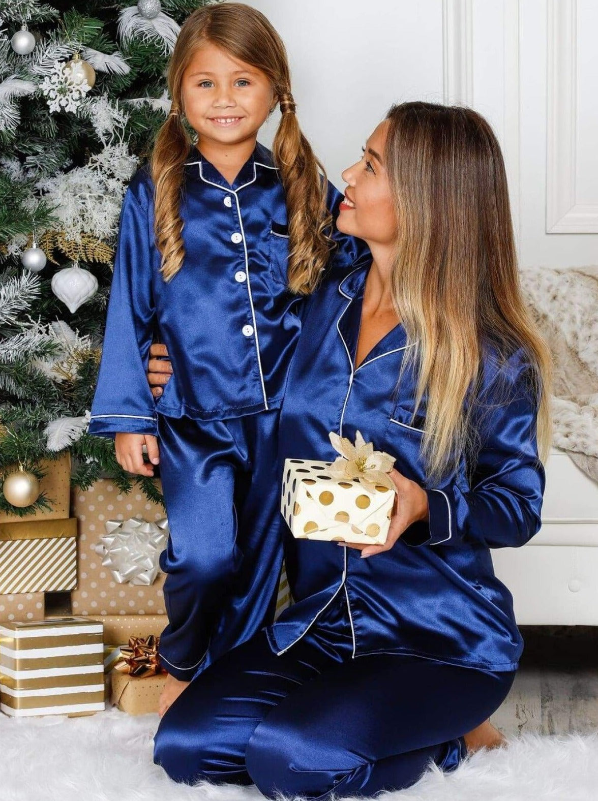 Mommy & Me Silky Long Sleeve Pajamas (Navy Pink Silver) - Mommy & Me Pajama