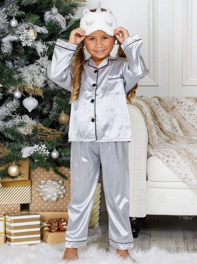 Mommy & Me Silky Long Sleeve Pajamas (Navy Pink Silver) - Silver / 3T/4T - Mommy & Me Pajama