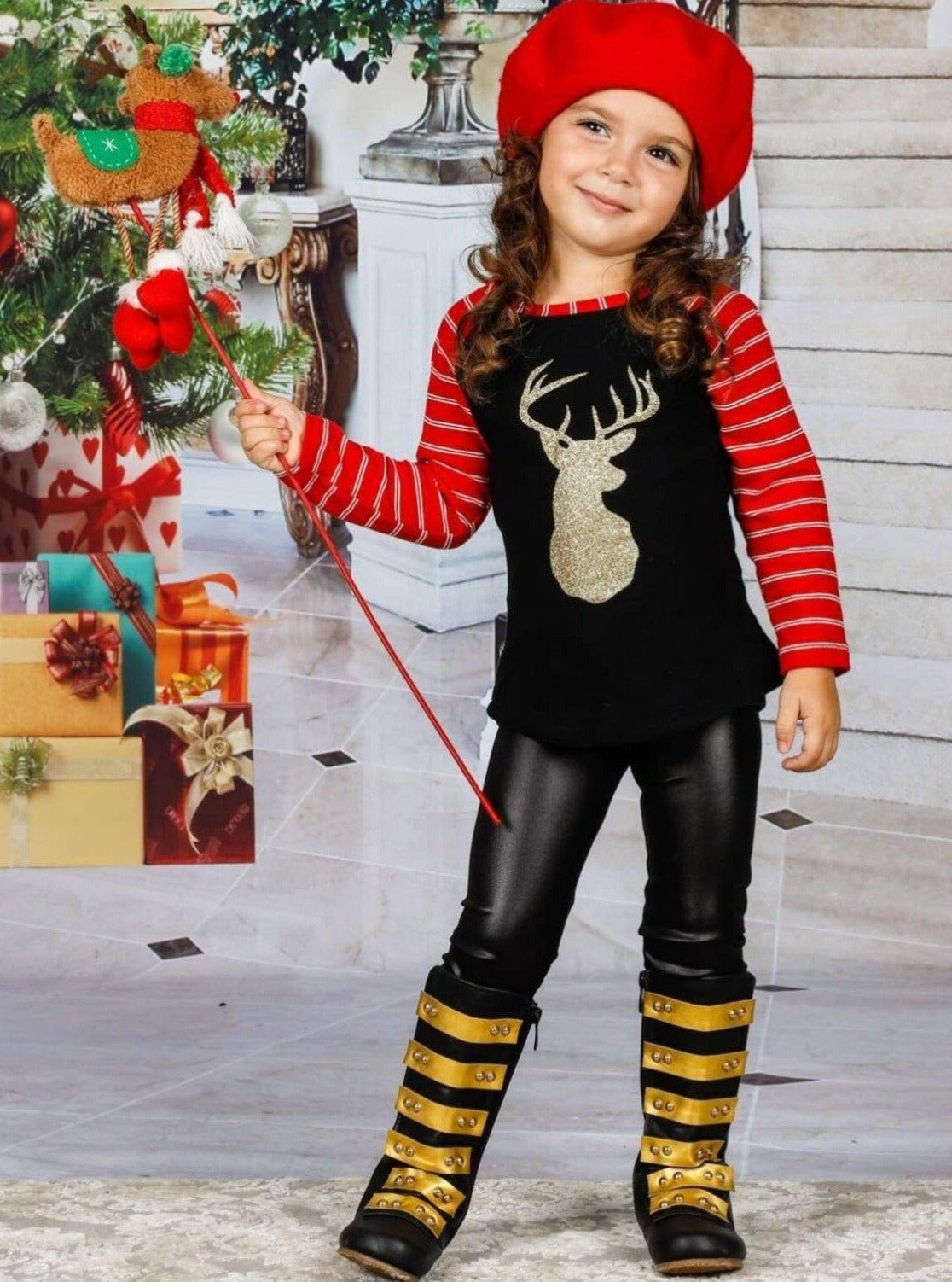 Mommy and Me Winter Tops | Glittering Gold Reindeer Striped Raglan Top