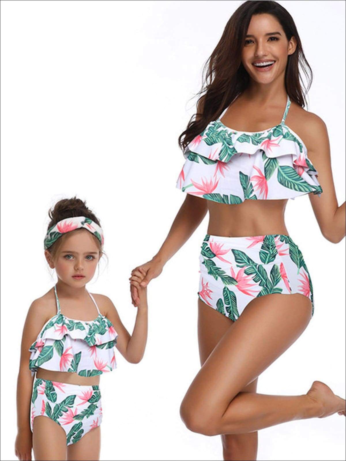 Mommy & Me Tiered Ruffle Tropical Print Two Piece Swimsuit - Tropical Print / Mom S - Mommy & Me Swimsuit