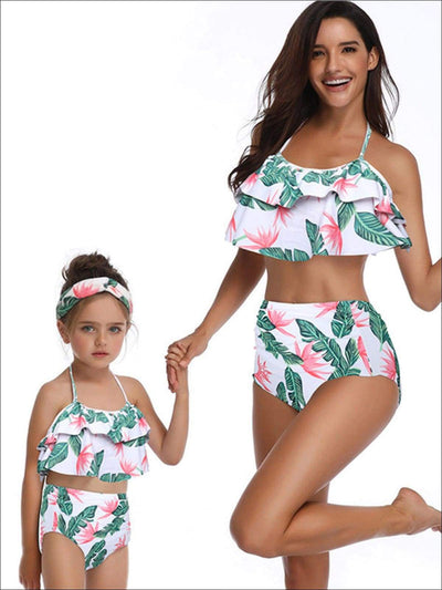 Mommy & Me Tiered Ruffle Tropical Print Two Piece Swimsuit - Tropical Print / Mom S - Mommy & Me Swimsuit