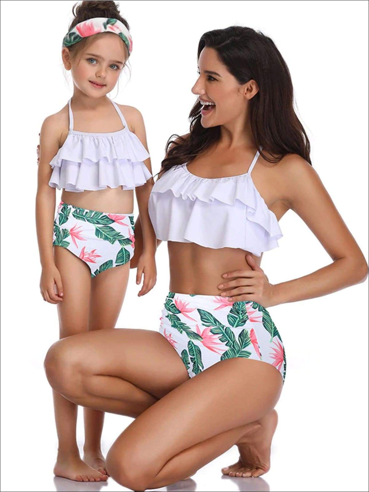 Mommy & Me Tiered Ruffle Tropical Print Two Piece Swimsuit - White Tropical Print / Mom S - Mommy & Me Swimsuit