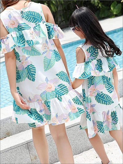 Mommy & Me Matching Dresses | Cold-Shoudler Tropical Palm Ruffle Dress