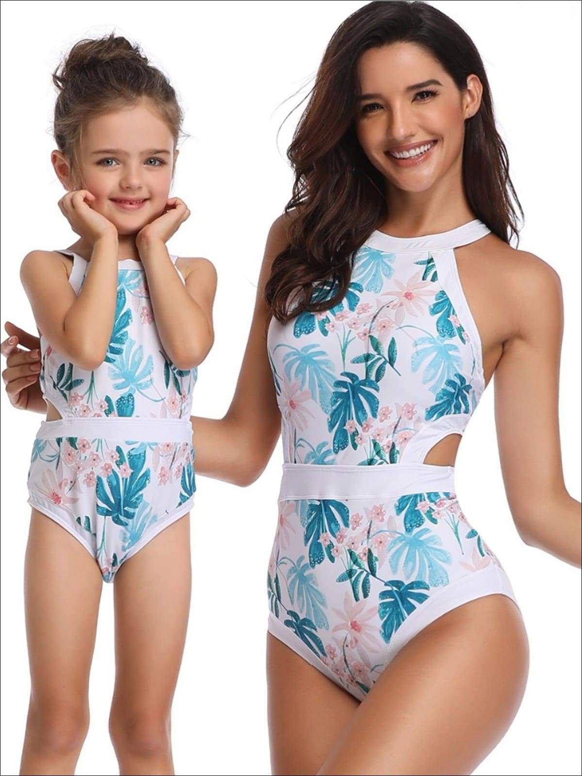 Mommy & Me Tropical Print Side Cut Halter One Piece Swimsuit - White / Mom S - Mommy & Me Swimsuit