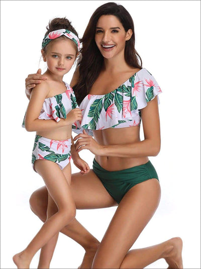 Mommy & Me Tropical Print Swimsuit - Green One Shoulder / Mom S - Mommy & Me Swimsuit