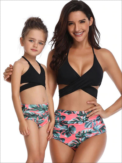 Mommy & Me Wrap Top High Waist Tropical Palm Leaf Two-Piece Swimsuit - Black / 2T/3T - Mommy & Me Swimsuit