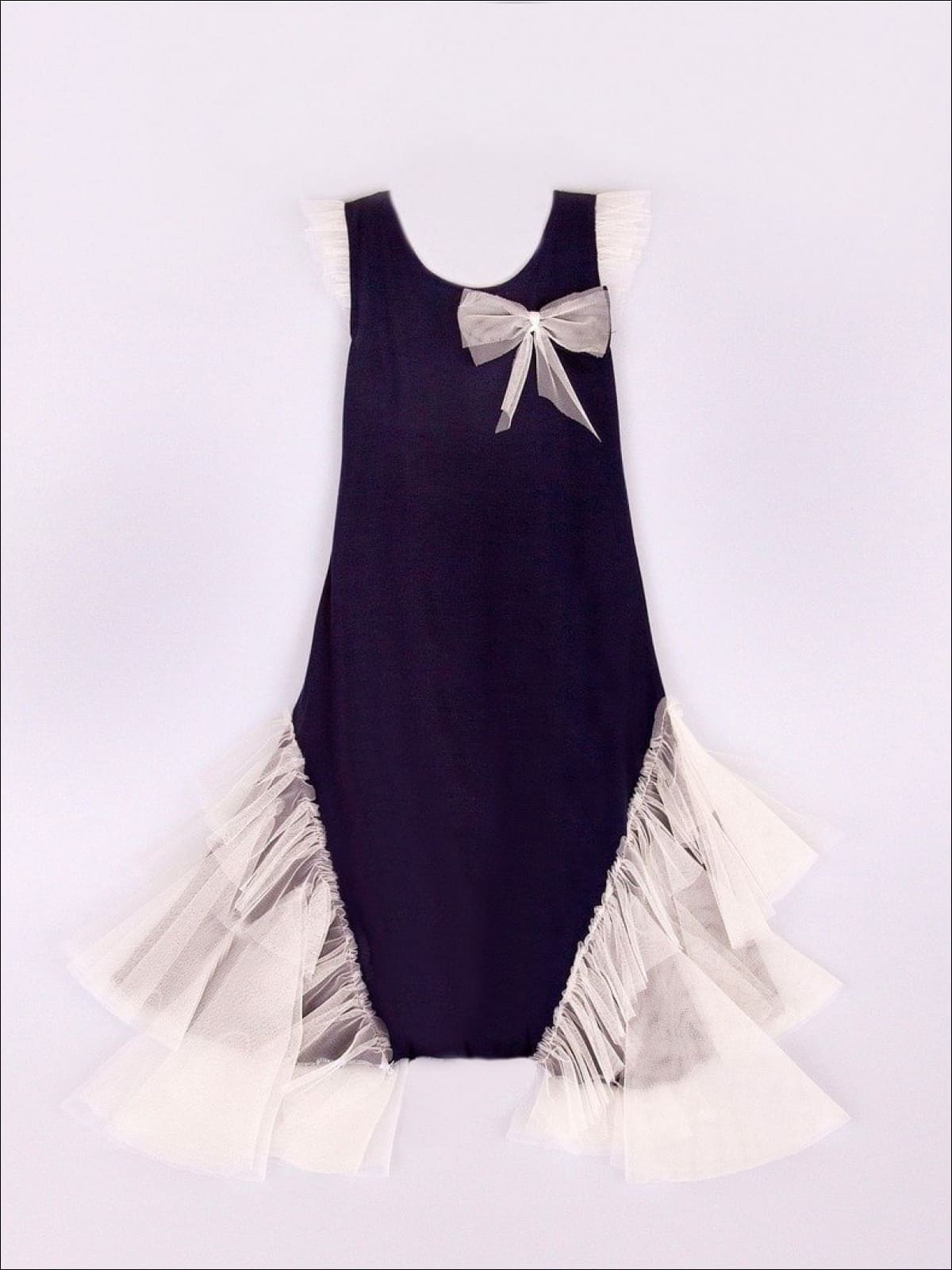 Navy Creme Dress With Mesh Ruffle Side Inserts With Flower Adornment