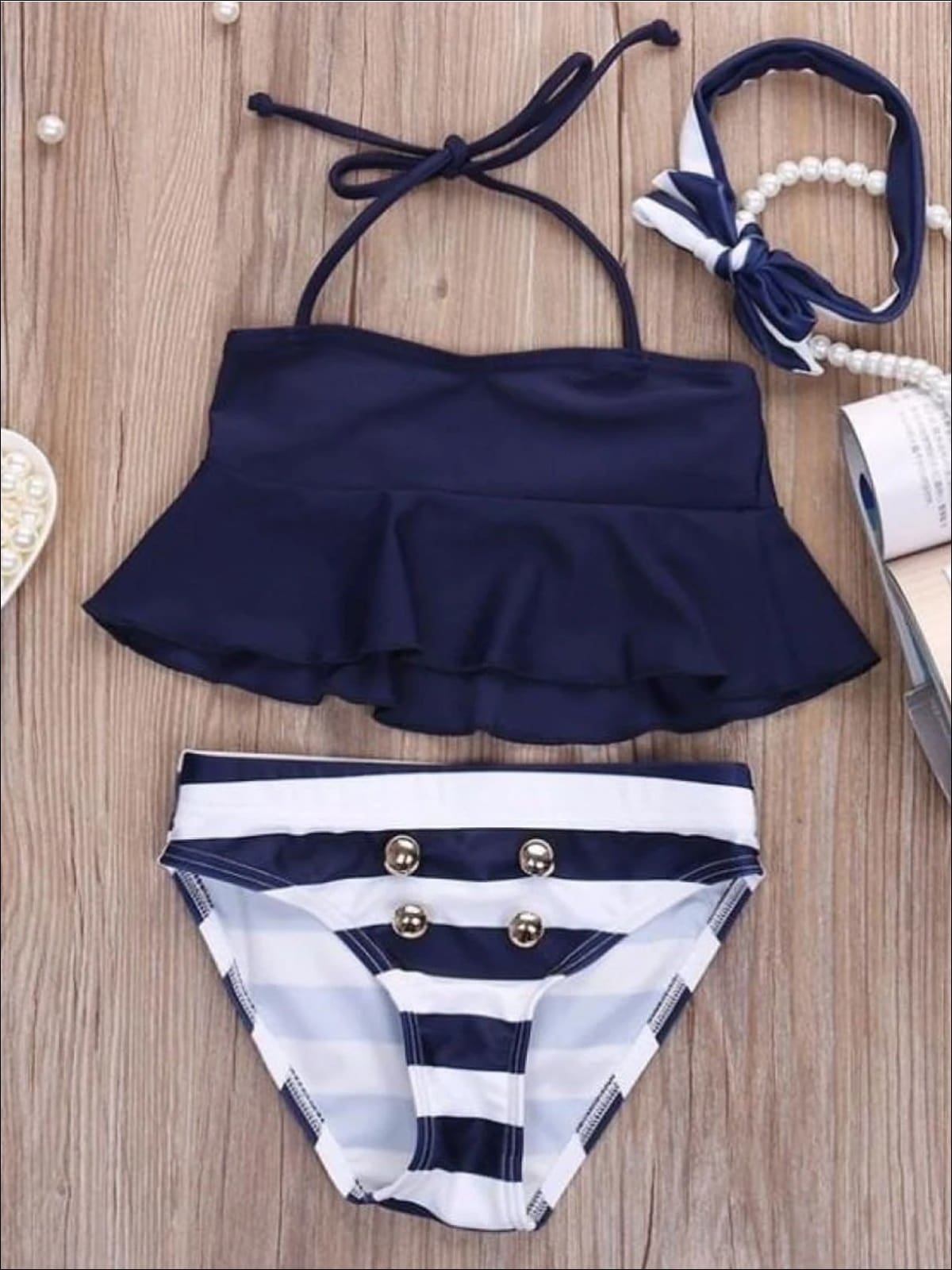 Navy Flare Tankini Two Piece with Gold Faux Button