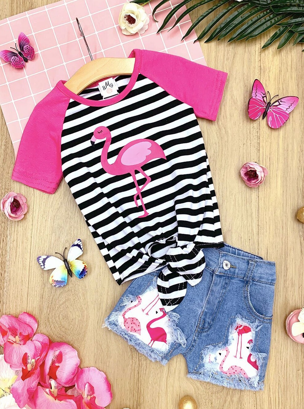 Girls Spring Outfits | Stripe Flamingo Top & Patched Denim Shorts Set