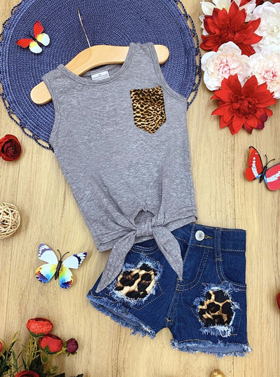 Girls Spring Outfits | Leopard Knot Top & Patched Denim Shorts Set