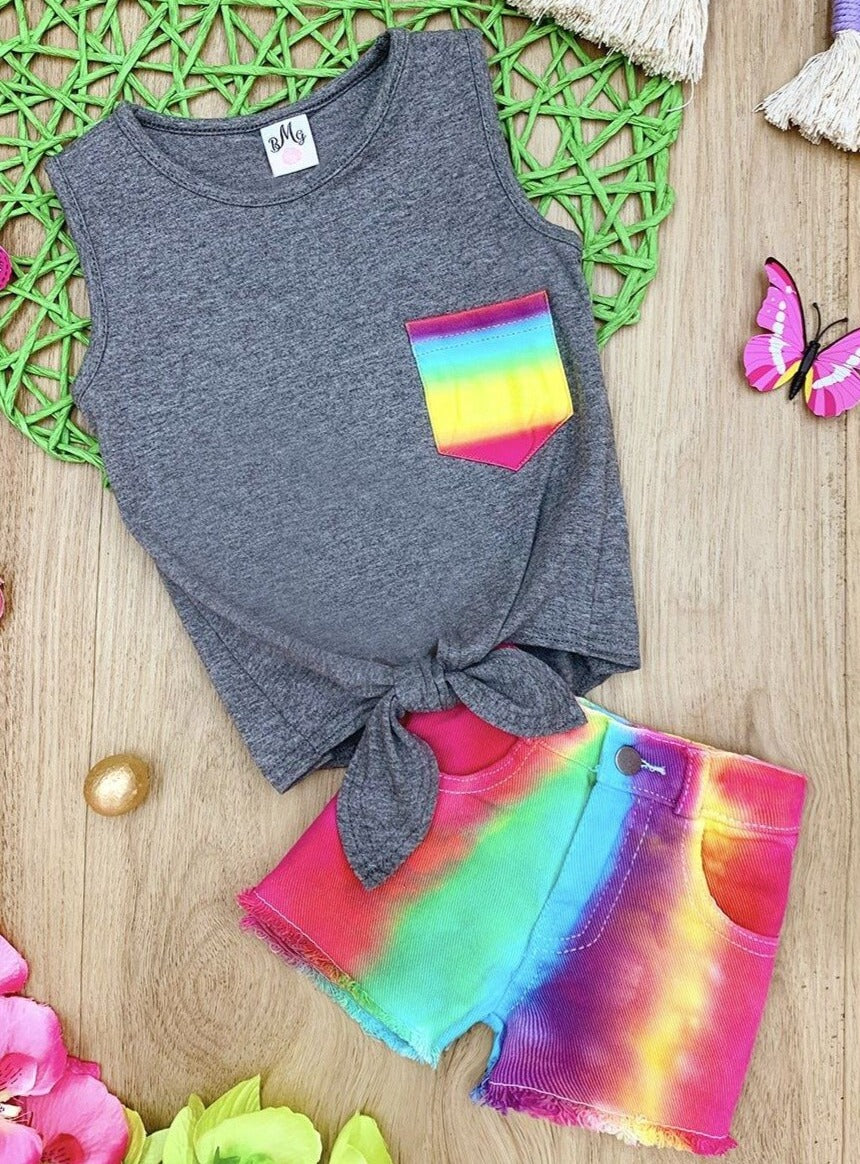 Girls Spring Outfits | Gradient Rainbow Knot Hem Tank Top & Shorts Set