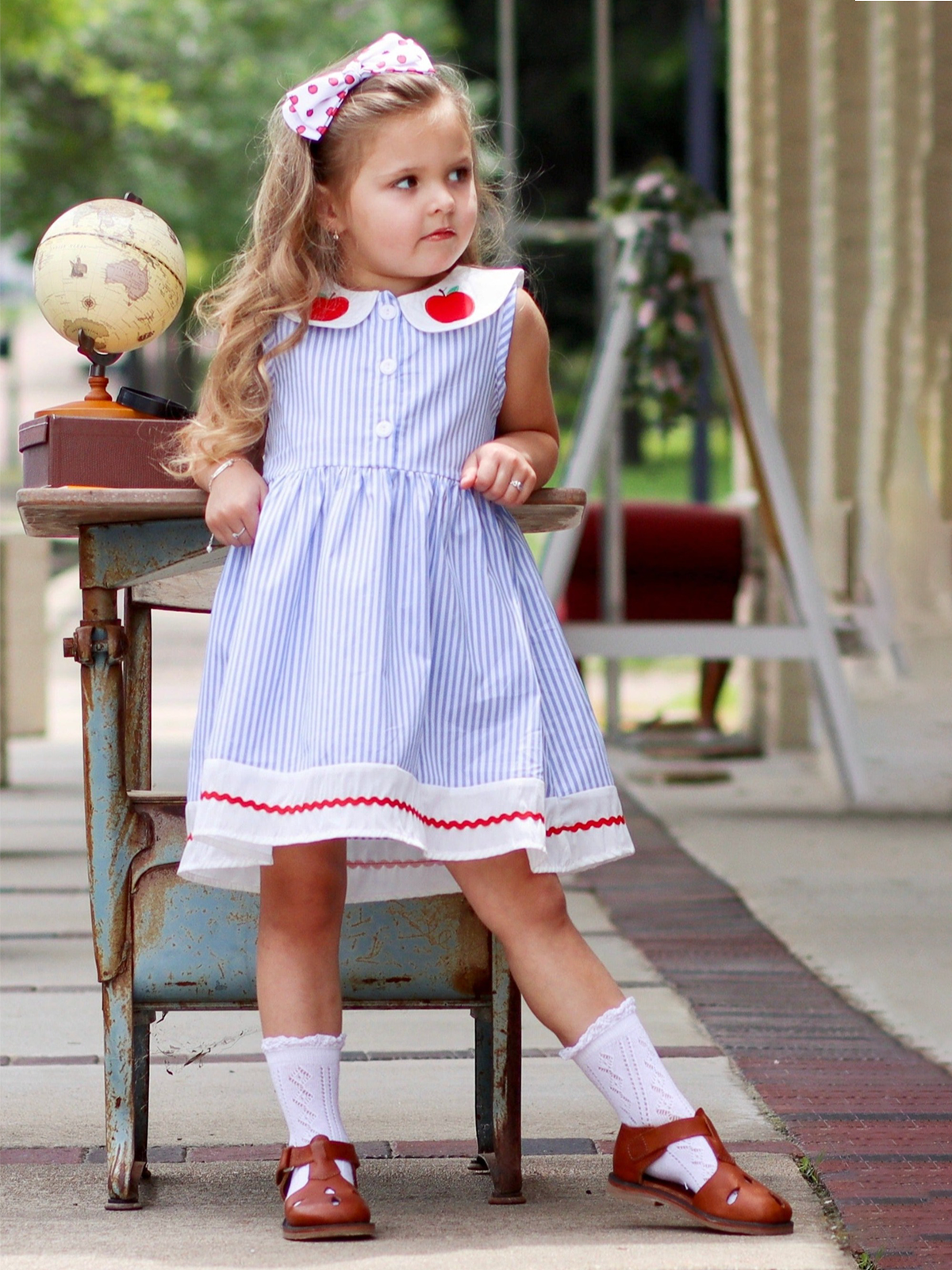 Back To School Dresses | Striped Collar Apple Dress | Mia Belle Girls