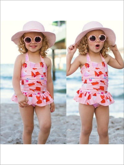 Pink Skirted & Center Ruched Ice Cream Cone Print Halter One Piece - Pink / 3T - Girls One Piece Swimsuit