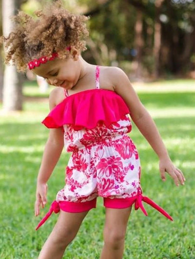 Girls Tomato Red/Pink Floral Spaghetti Strap Banded Bottom Romper w/ Ruffle Detail