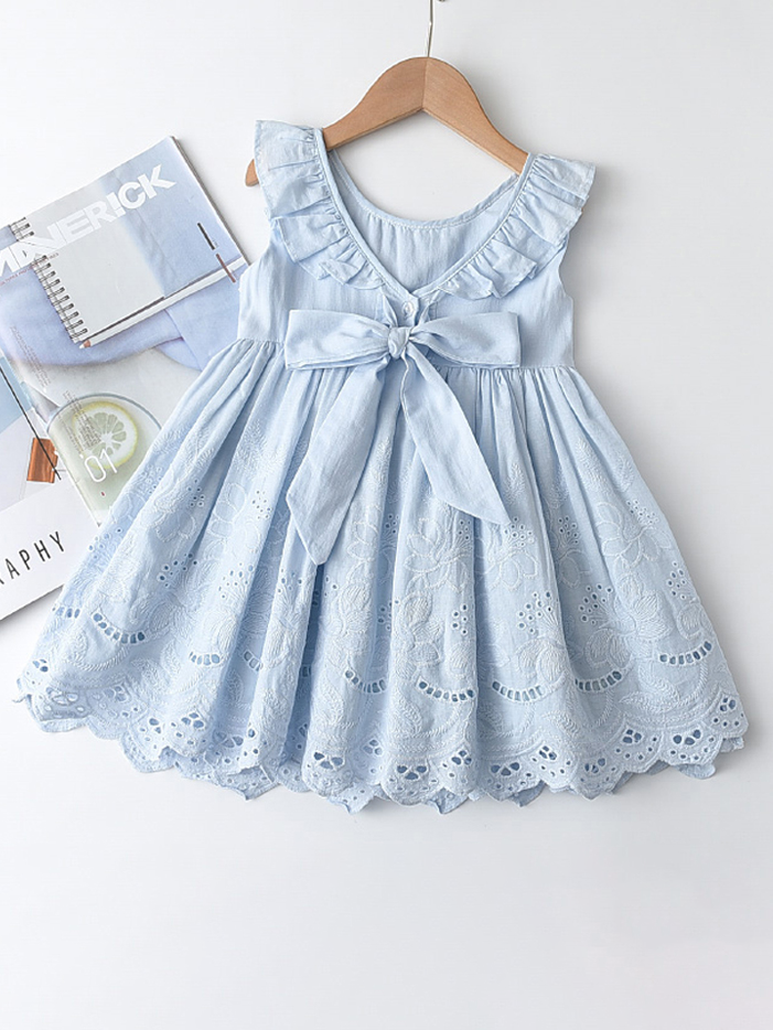 Girls Casual Spring Dresses | Sleeveless Blue Ruffle Eyelet Dress