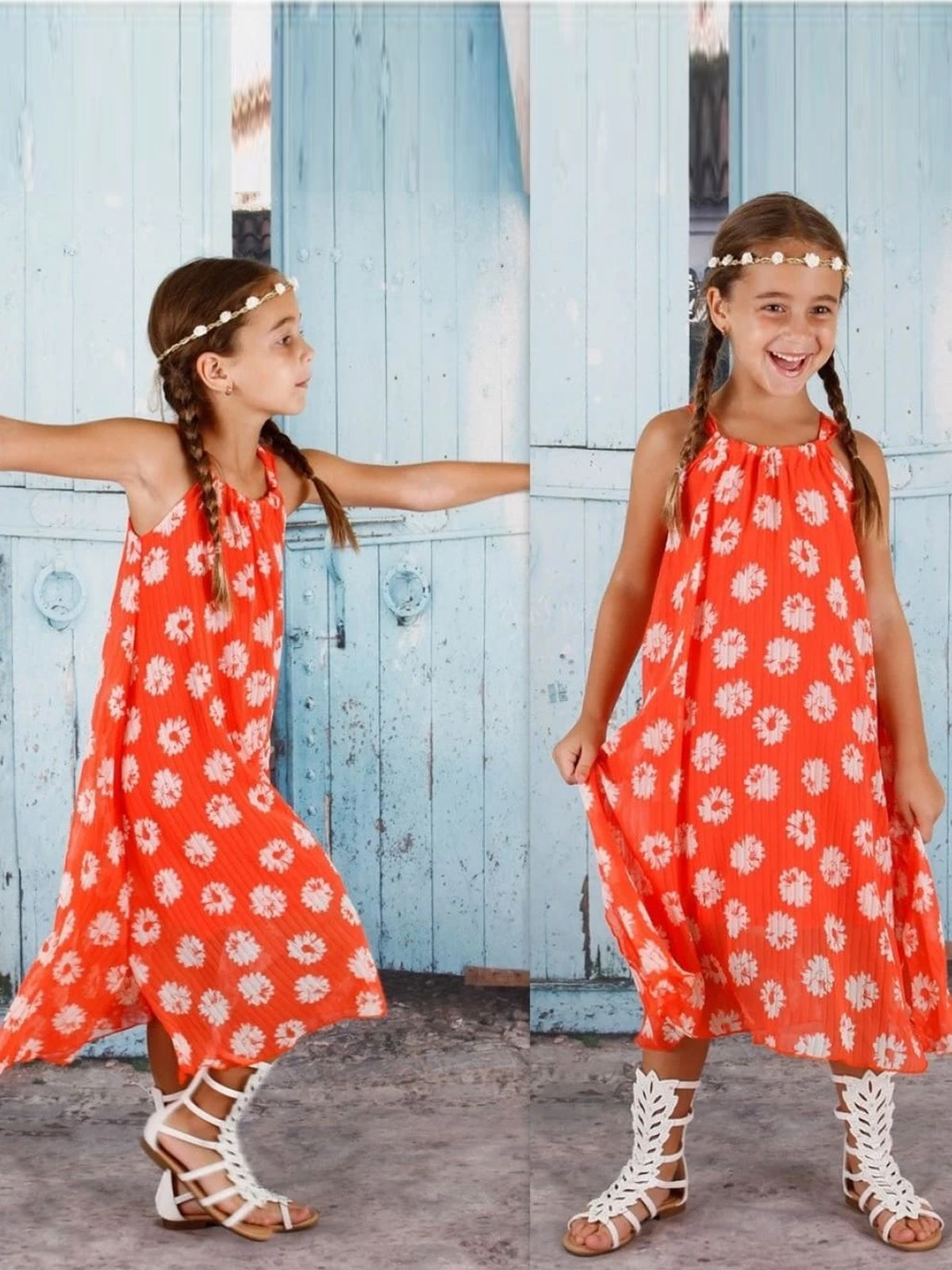 Little Girls Sleeveless Daisy Boho Pyramid Dress - Mia Belle Girls