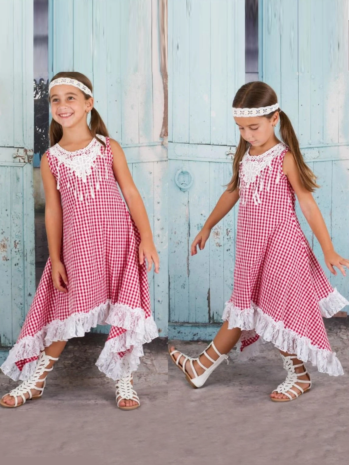 Red And White Gingham Boho Sidetail Dress