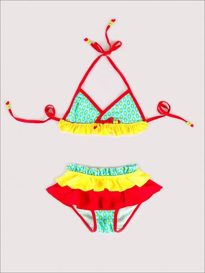 Red Yellow & Turquoise Colorblock Ruffled Skirt Bikini - Girls Two Piece Swimsuit