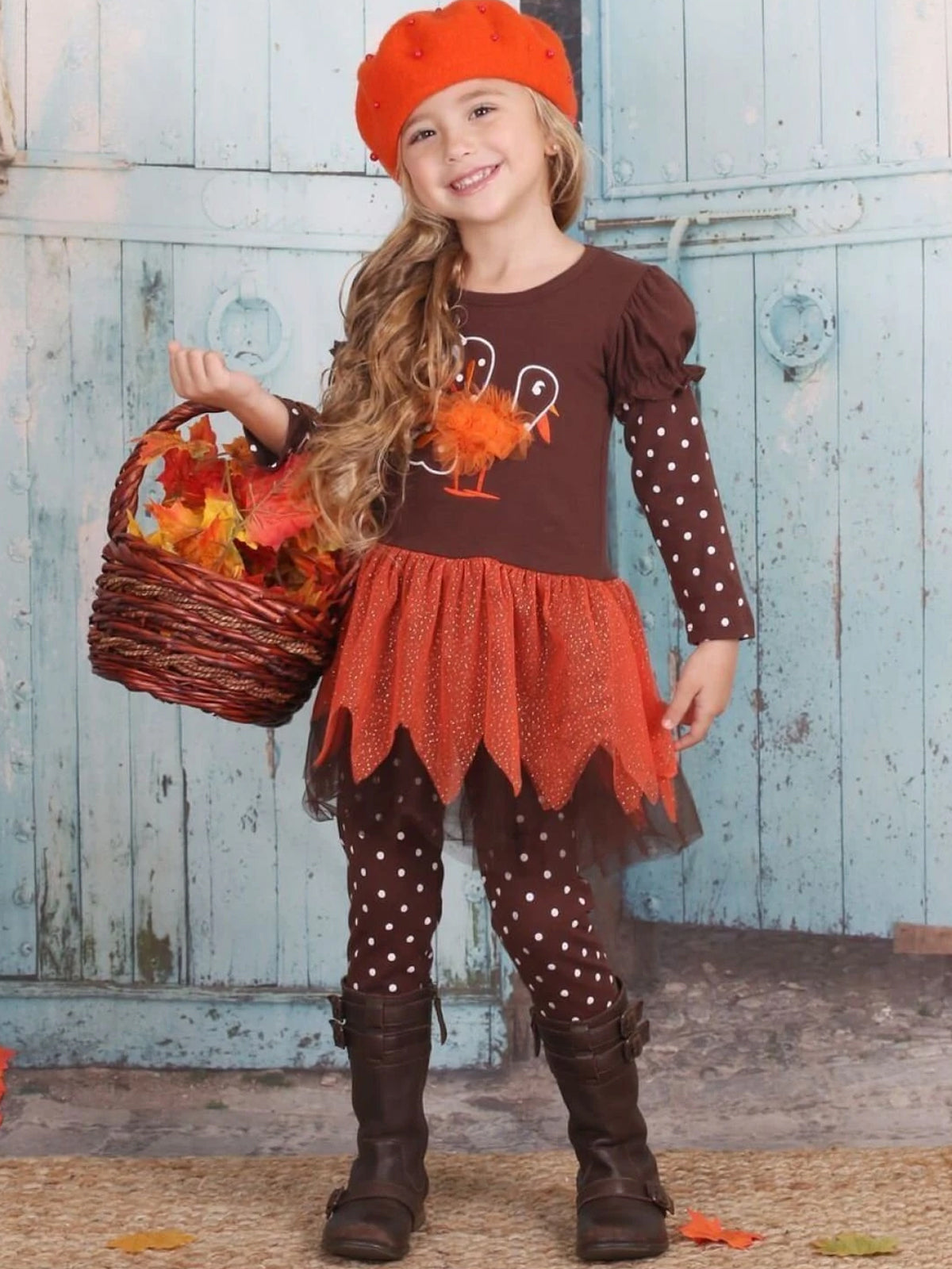 Girls Brown And Orange Puff Long Sleeve Turkey Tutu Tunic And Polka Dot Legging Set