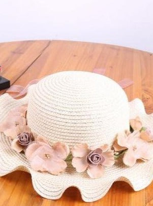 Girls Floral Ruffle Brim Straw Hat