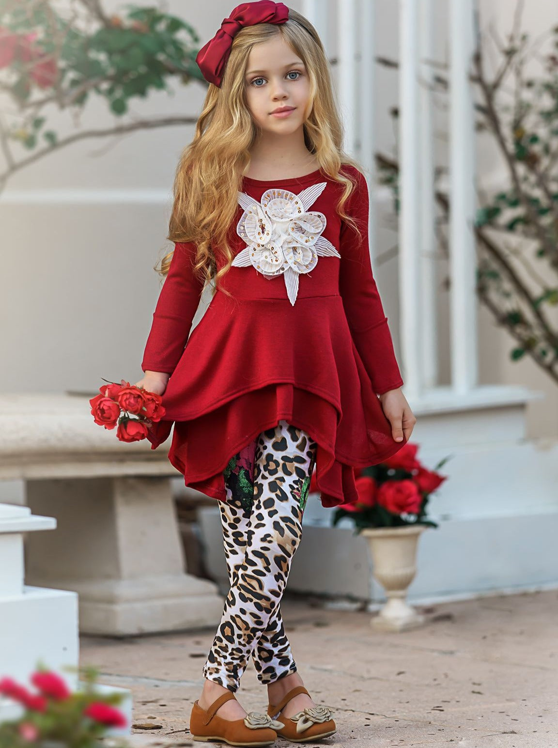Girls Double Tiered Side Tail Applique Tunic & Printed Leggings Set