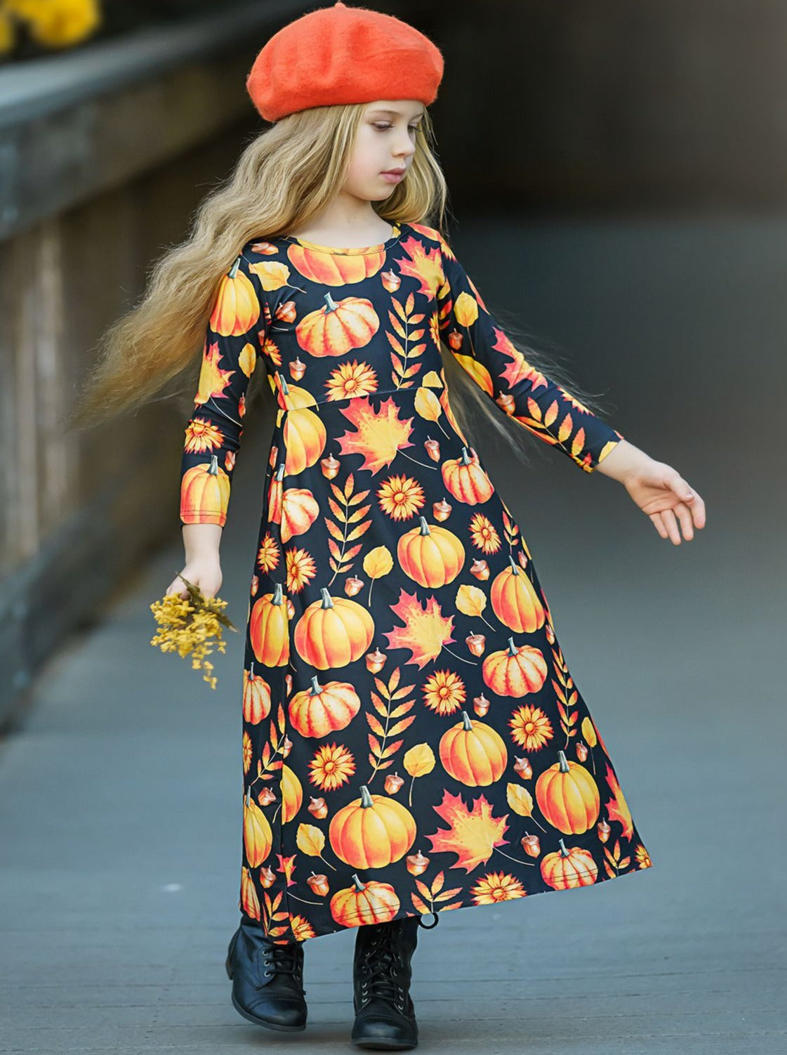 Girls Long Sleeve Pumpkin Printed Maxi Dress