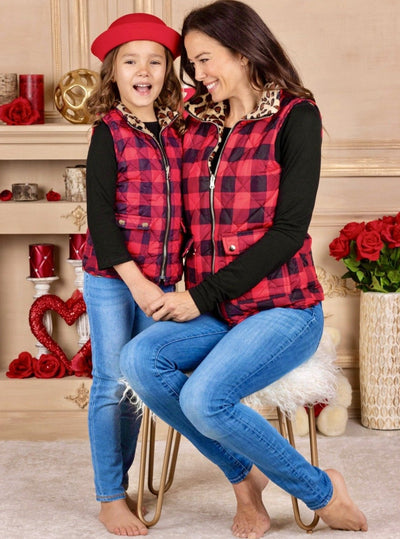 Mommy and Me Matching Vests | Leopard Fleece Lined Plaid Quilted Vest