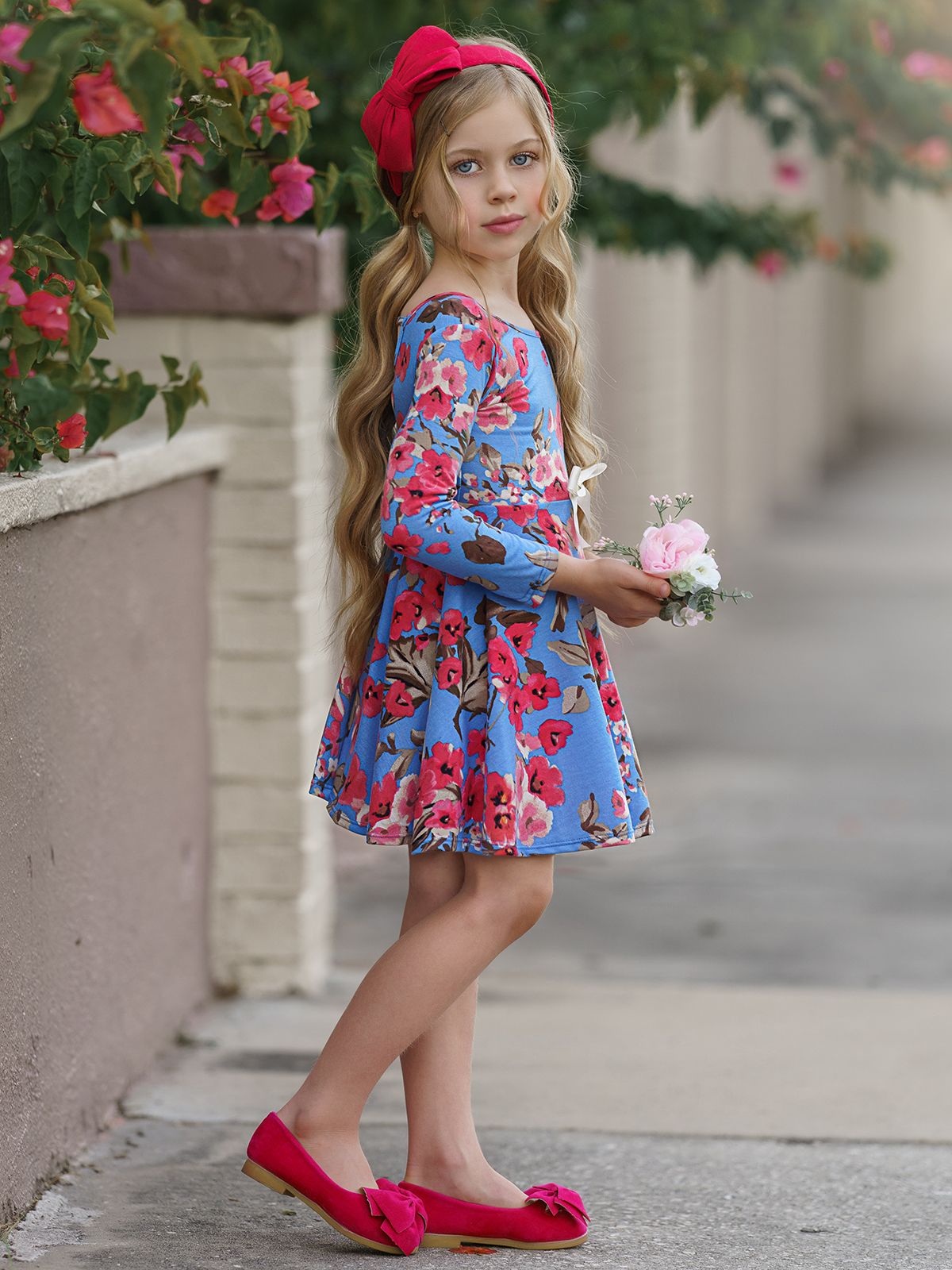Girls Floral Long Sleeve Scoop Back Dress with Bow