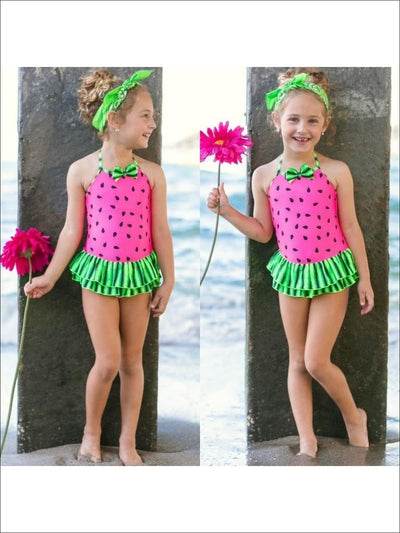 Watermelon Print Skirted One Piece Swimsuit - Pink / 3T - Girls One Piece Swimsuit