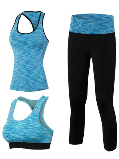 Womens 3pcs Contrast Panel Marled Workout Set - Blue / S - Womens Activewear