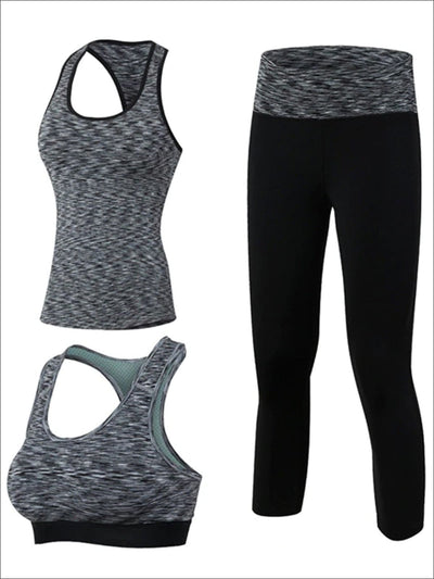 Womens 3pcs Contrast Panel Marled Workout Set - Dark Grey / S - Womens Activewear