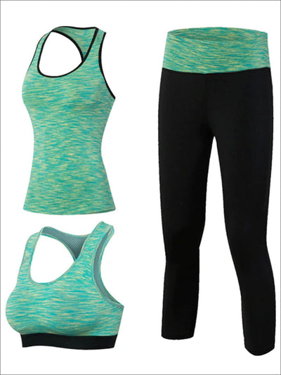 Womens 3pcs Contrast Panel Marled Workout Set - Green / S - Womens Activewear