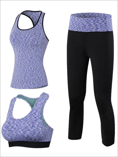 Womens 3pcs Contrast Panel Marled Workout Set - Violet / S - Womens Activewear