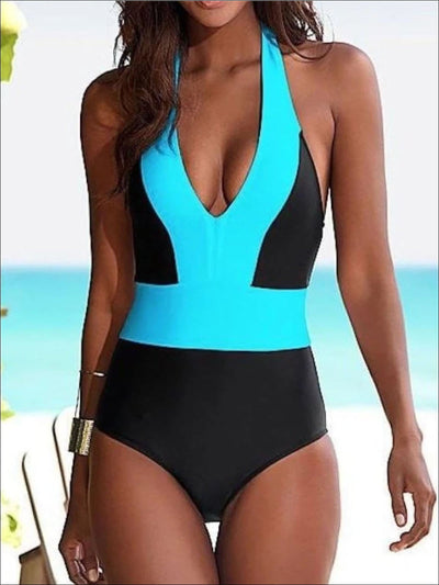Womens Aqua/Black Colorblock Monokini - Aqua / S - Womens Swimsuits